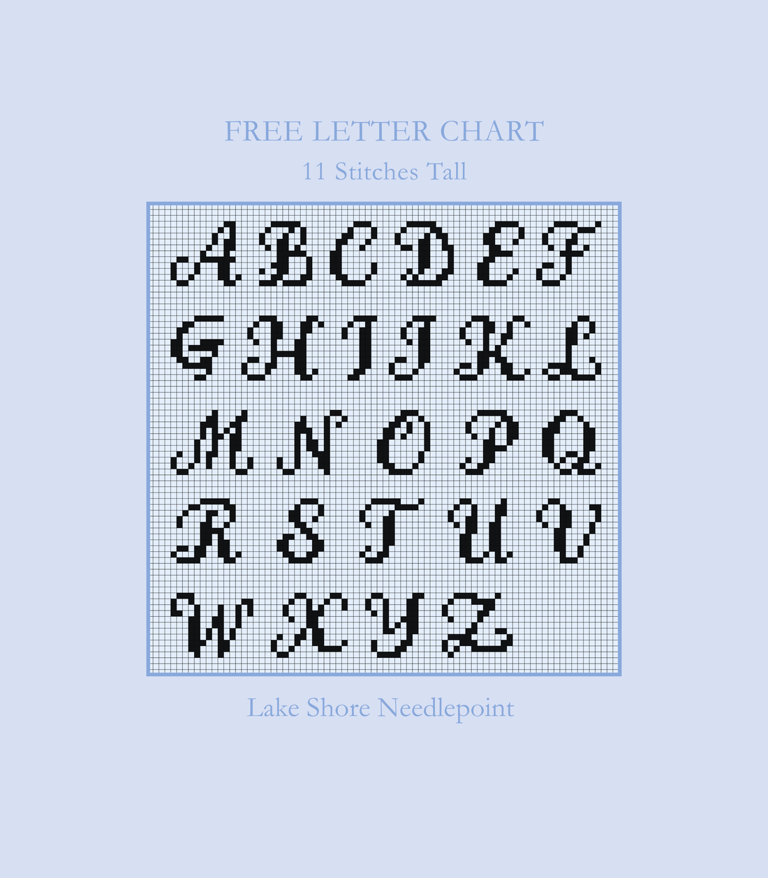 Image of a free full alphabet chart for needlepoint and cross stitch that is 11 stitches tall
