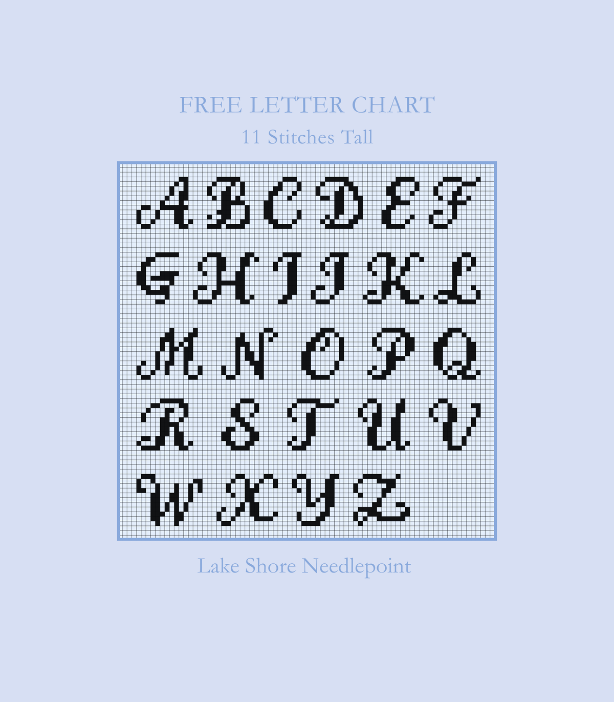 Image of a free full alphabet chart for needlepoint and cross stitch that is 11 stitches tall