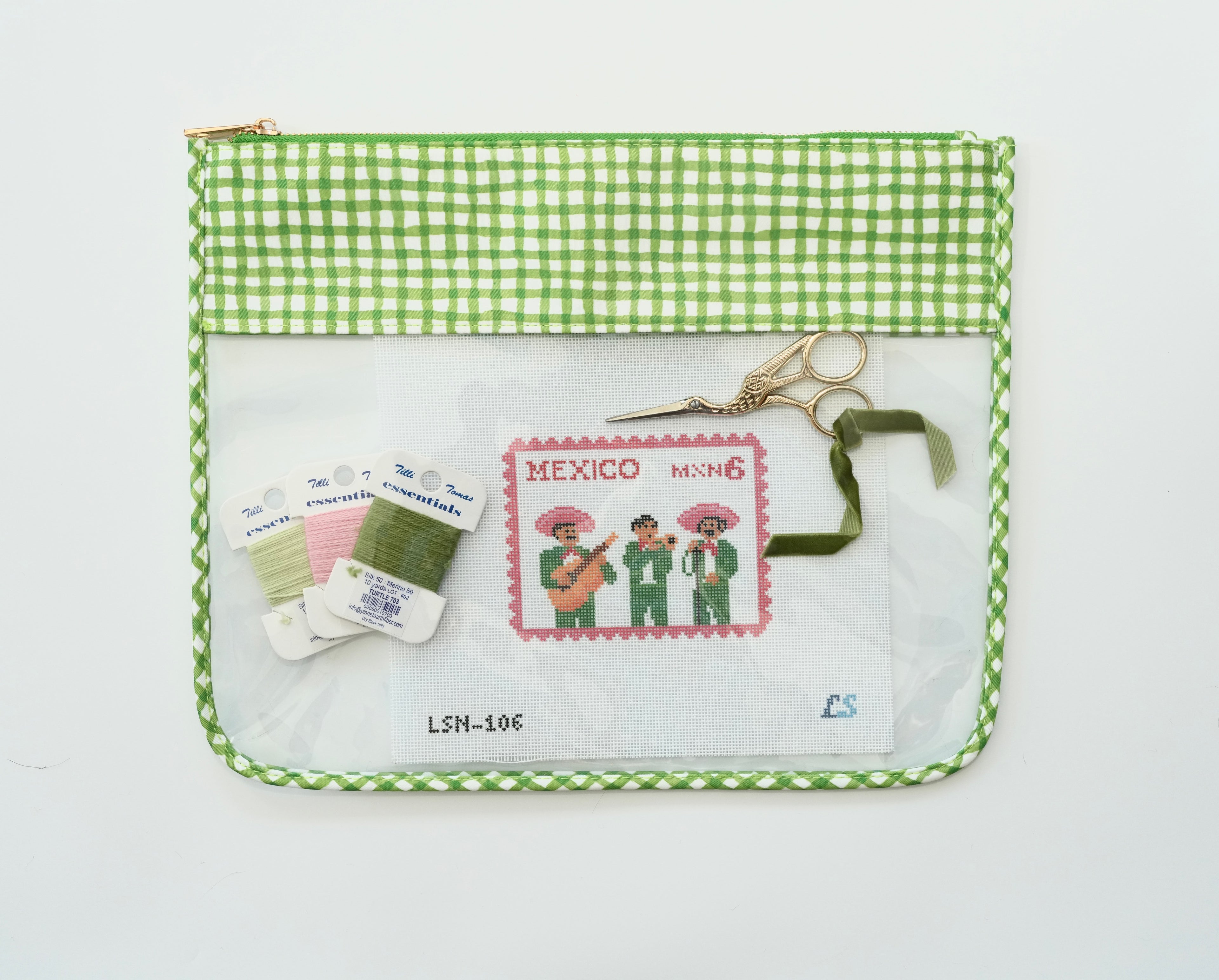 Green Gingham Large Needlepoint Pouch