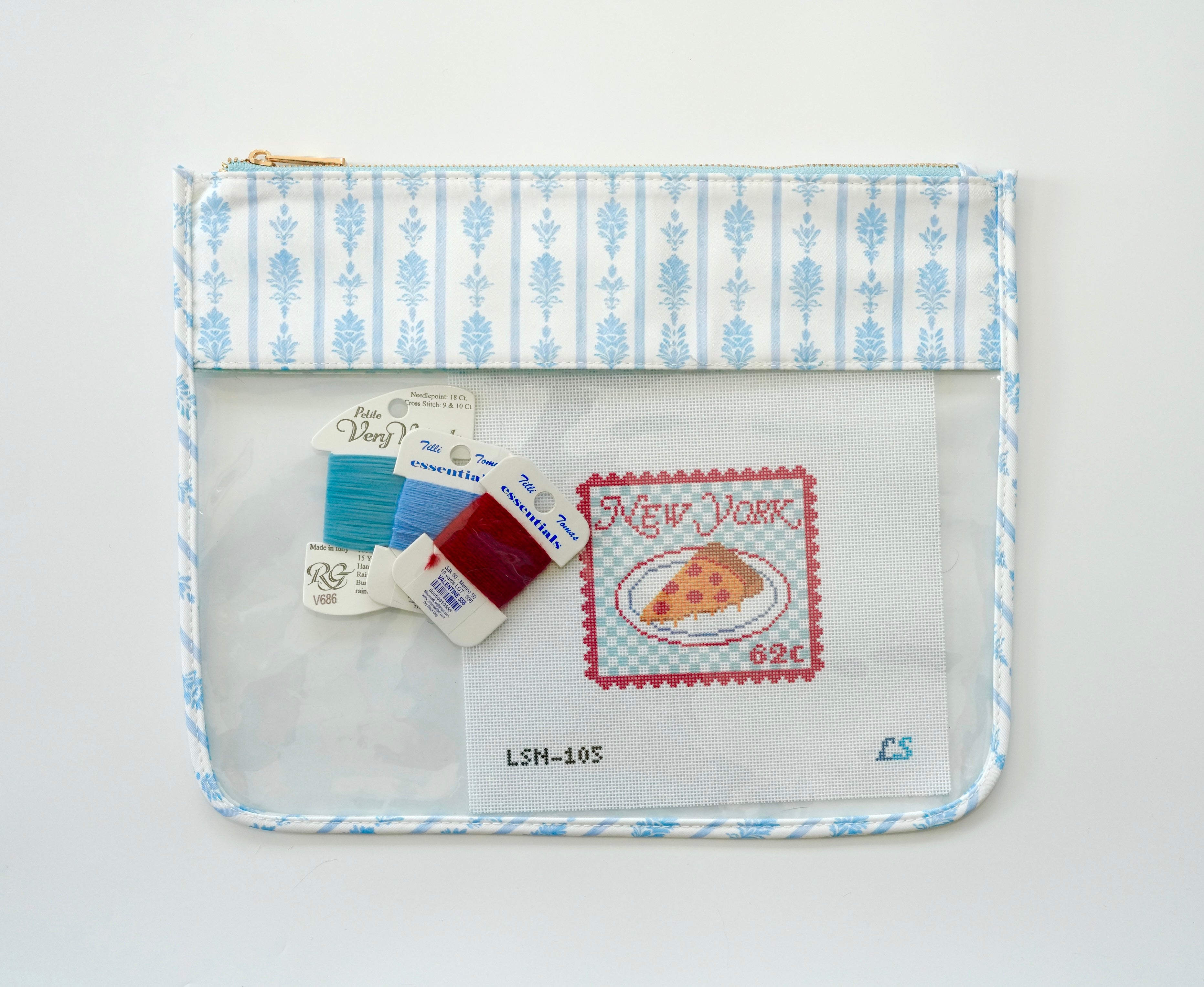 Blue Floral Stripe Large Needlepoint Pouch