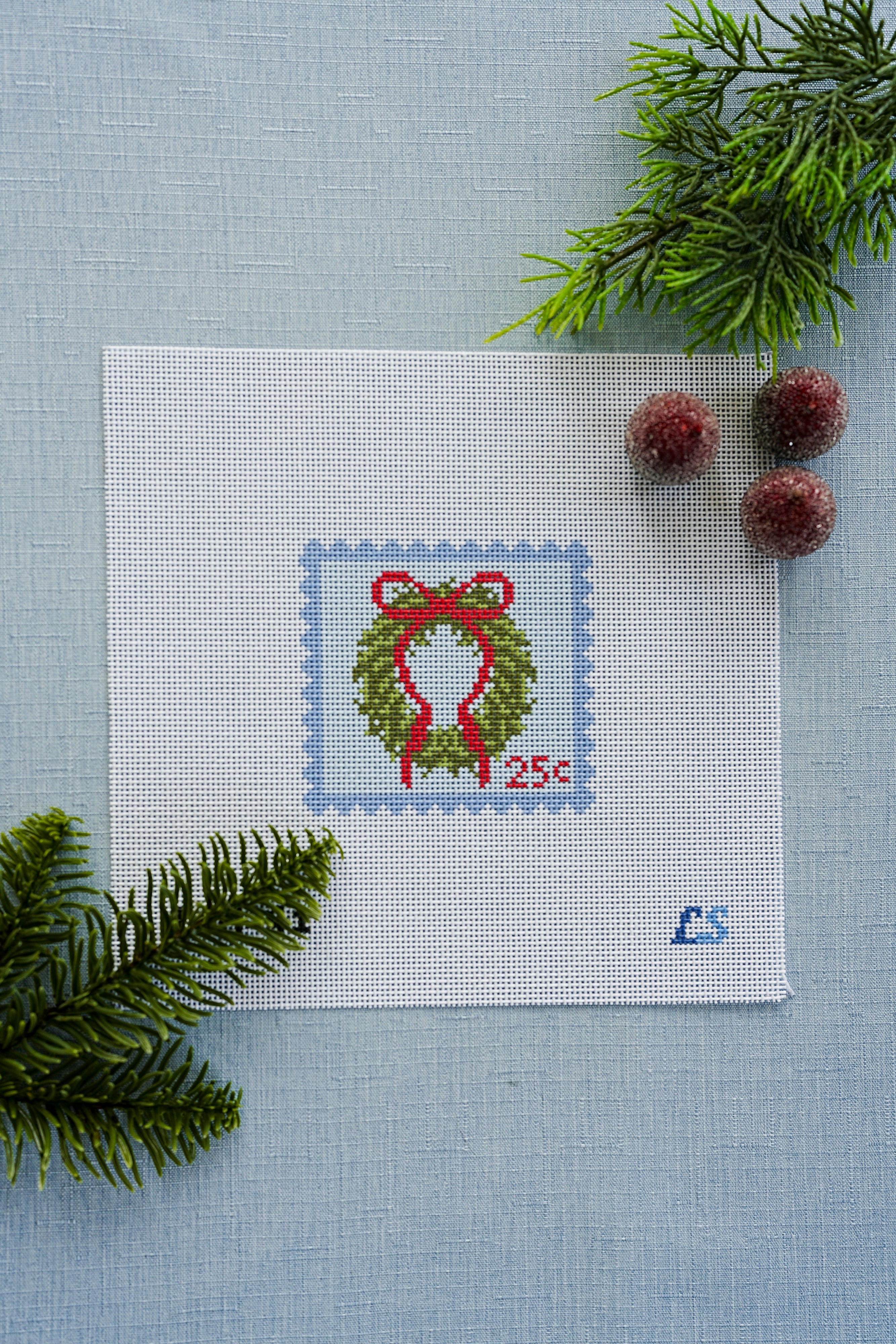 Blue Holiday Wreath Postage Stamp